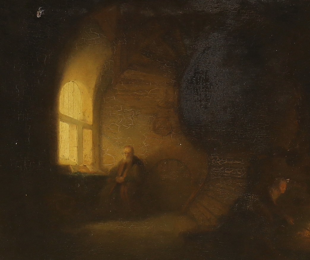 English School c.1840, pair of oils on wooden panels, Dimly lit interiors with seated figures, 28 x 32cm